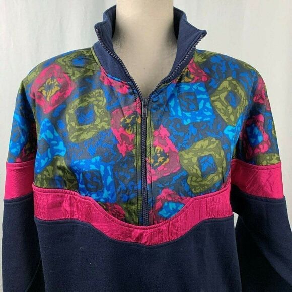 Vintage 80s Sweatshirt Jacket M Navy Blue Half Zip - Picture 1 of 4